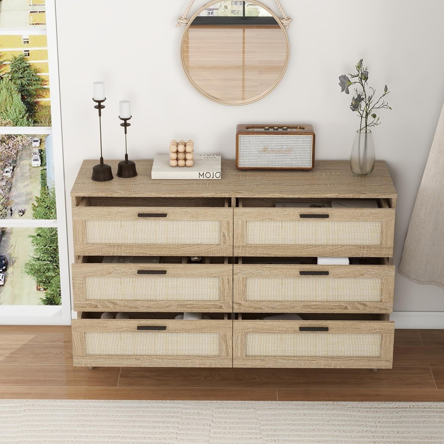 Rattan Chest of Drawers 6 Drawer Oak Wood Storage Cabinet Bedroom