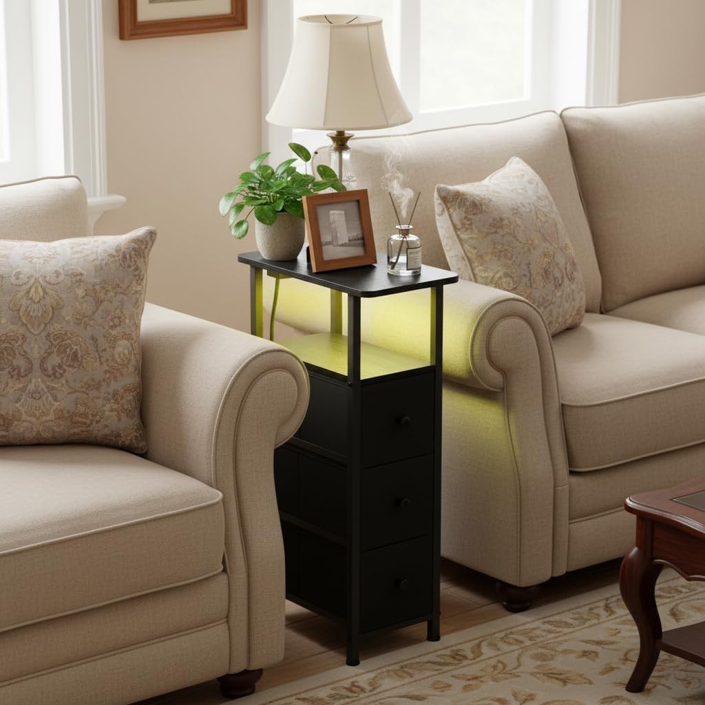 Slim LED Bedside Tables Set of 2 with USB Charging, 3 Drawers & Storage Shelf