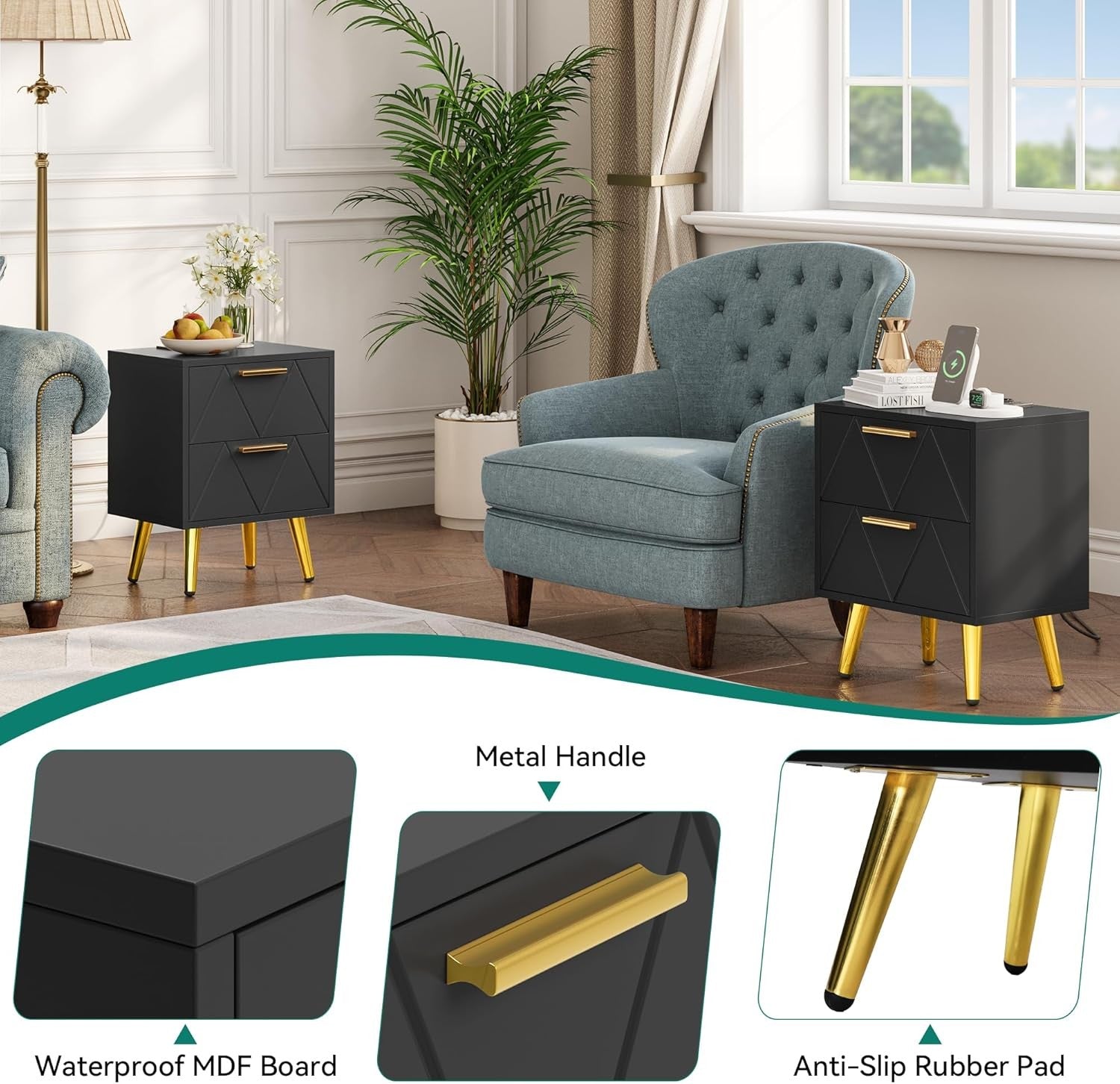 Black Bedside Table with Gold Legs & Charging Station | Modern 2-Drawer 40×52cm