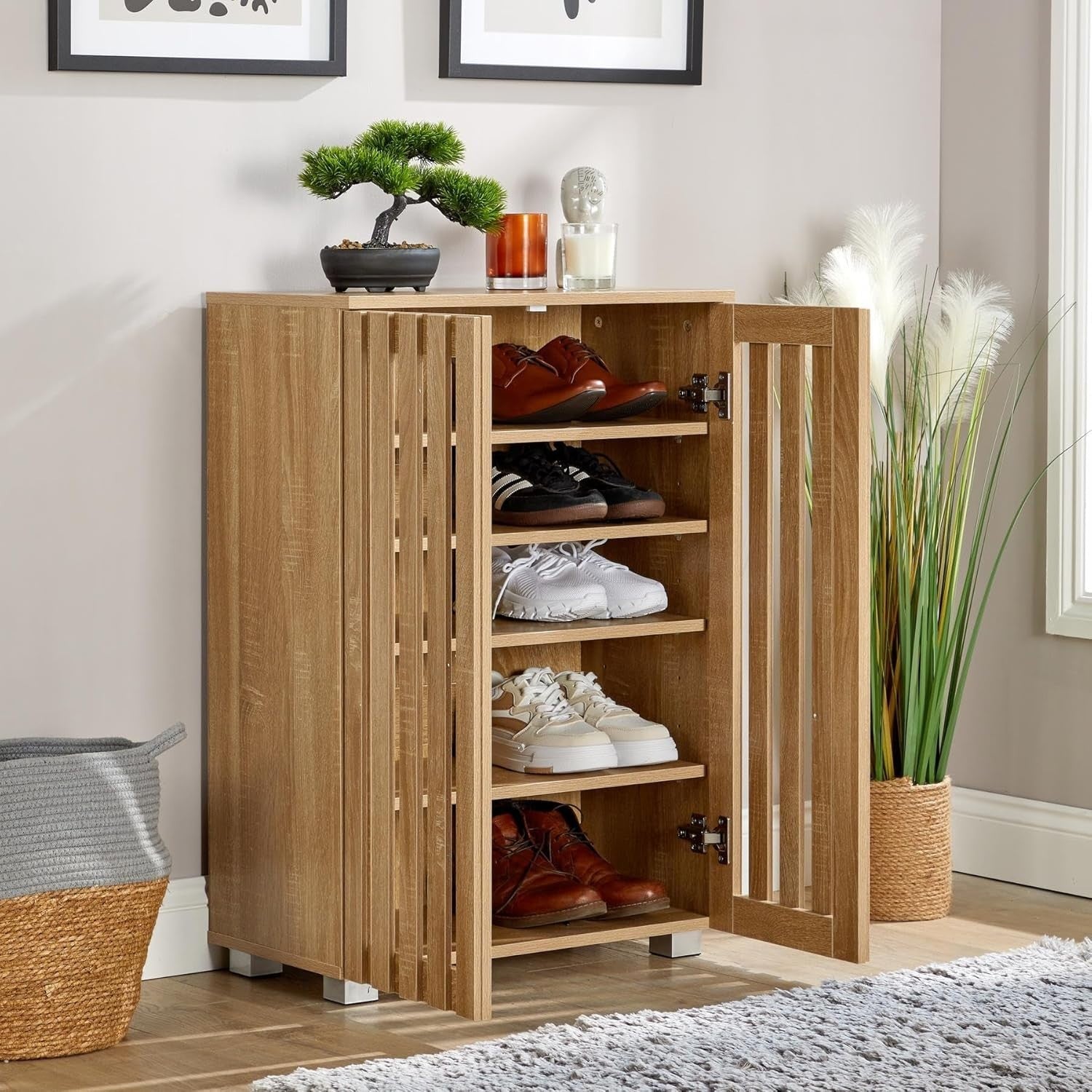 Spacious 2 Door Wooden Shoe Cabinet with 4 Shelves | Oak Effect, Durable