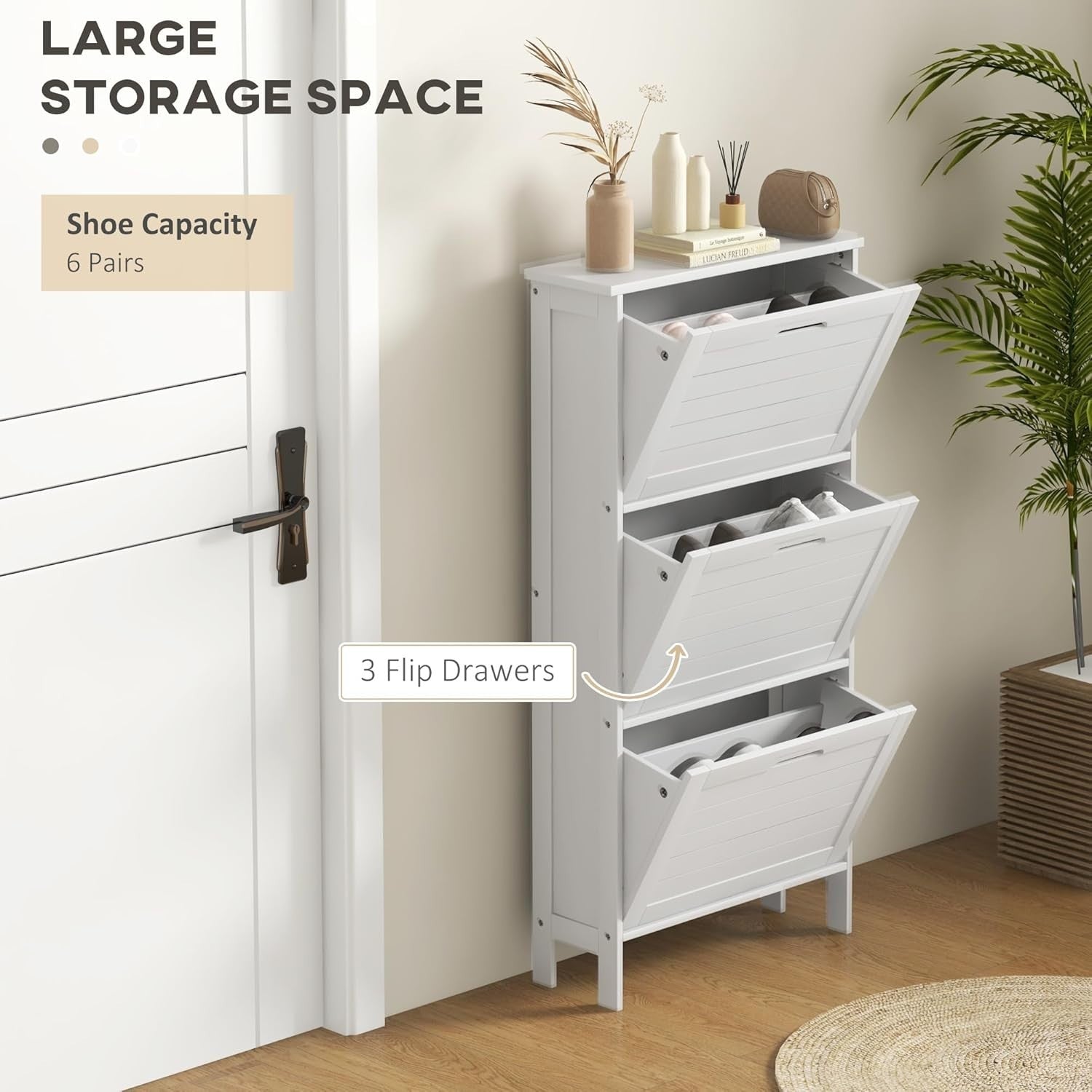 Slim 3‑Tier Flip Shoe Cabinet – Narrow Hallway Storage, Holds 6 Pairs