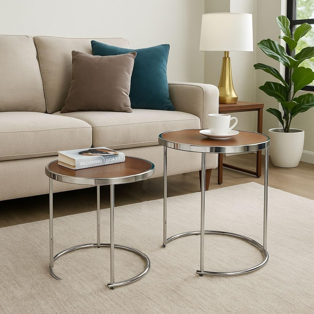 2pc Round Nesting Coffee Table Set Wood Top Chrome Metal Base Modern Living Room