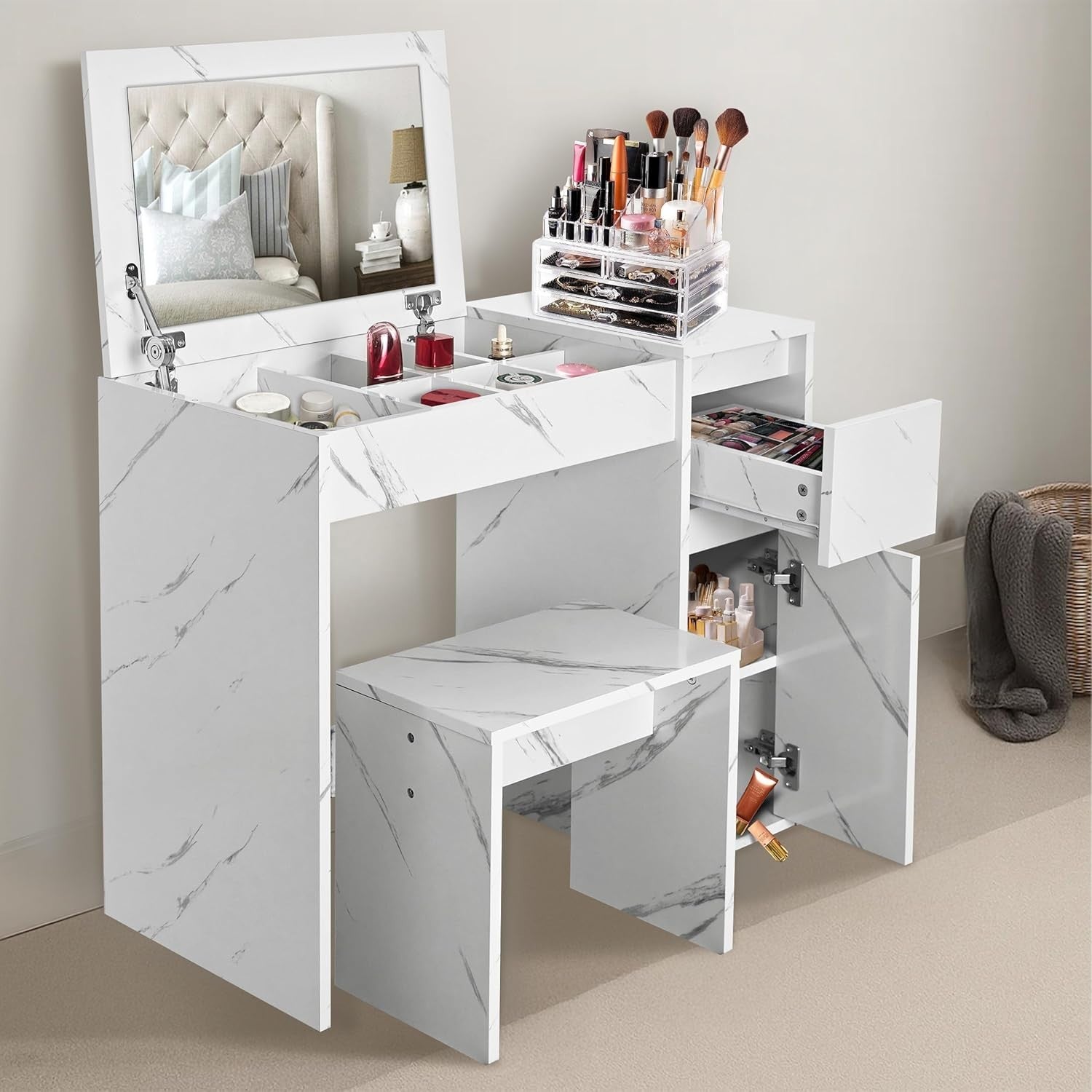 2-in-1 Makeup Vanity Dressing Table Desk Flip Mirror White Marble 1 Drawer Stora