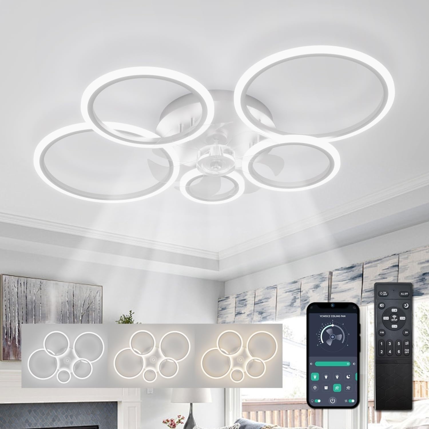 100CM Smart Ceiling Fan Light, 6 Speeds, LED, Remote, White