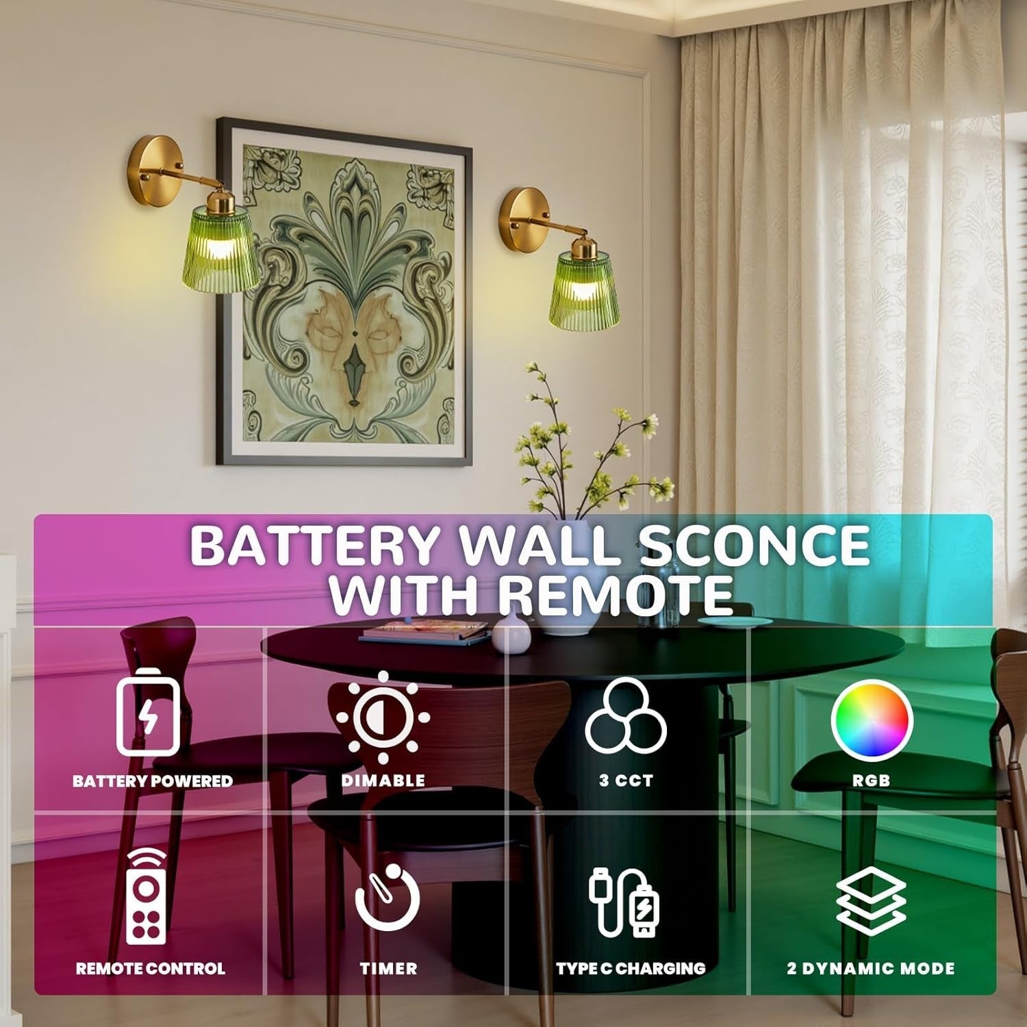 Rechargeable Green Glass Wall Sconce, Wireless LED, Remote Control
