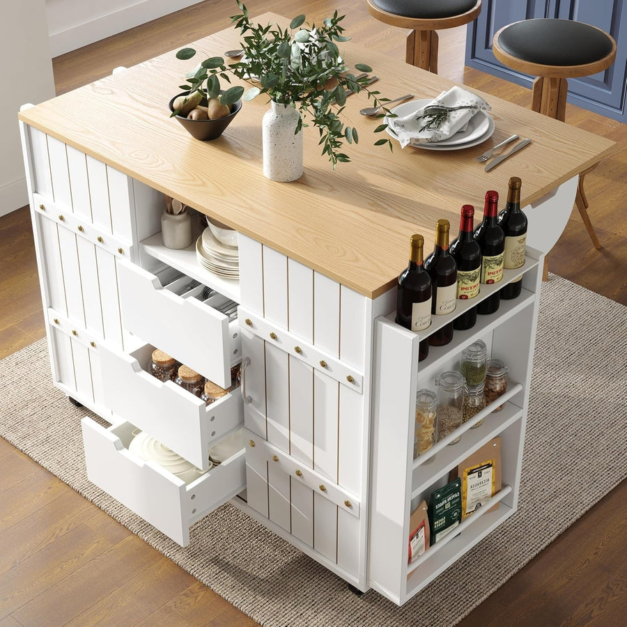 White Rolling Kitchen Island Fold Out Table Storage Cabinet