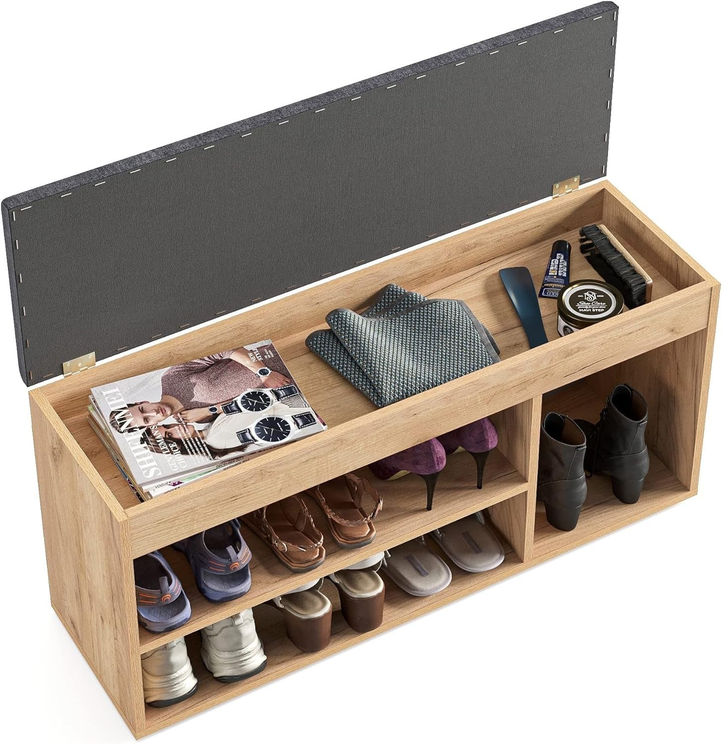 Large Honey Oak Shoe Bench with Cushion Hidden Storage Entryway Seating Unit