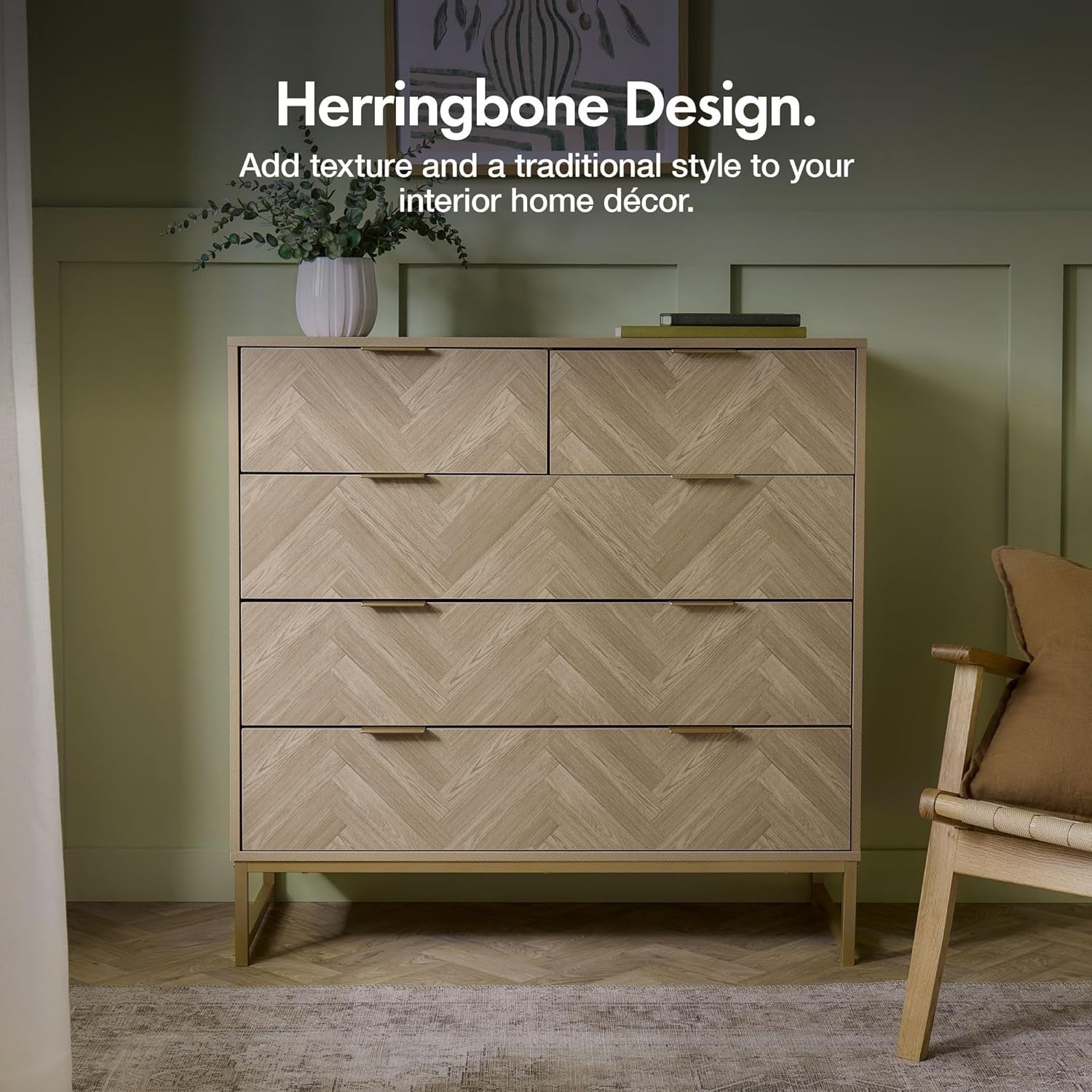 Herringbone 5 Drawer Bedroom Dresser Scandi Wood Effect Storage Cabinet