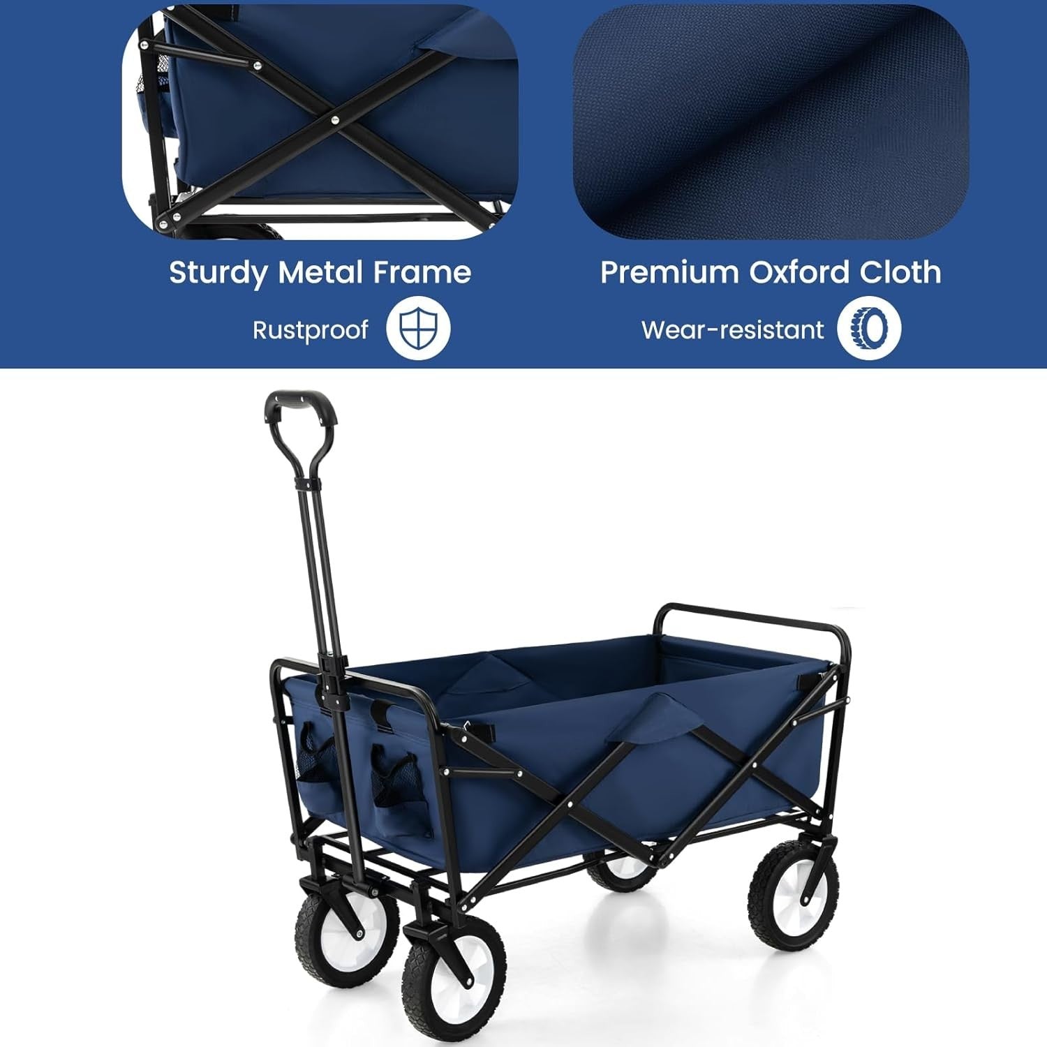 Navy Blue Folding Trolley Cart Collapsible Garden Wagon w/ Adjustable Handle