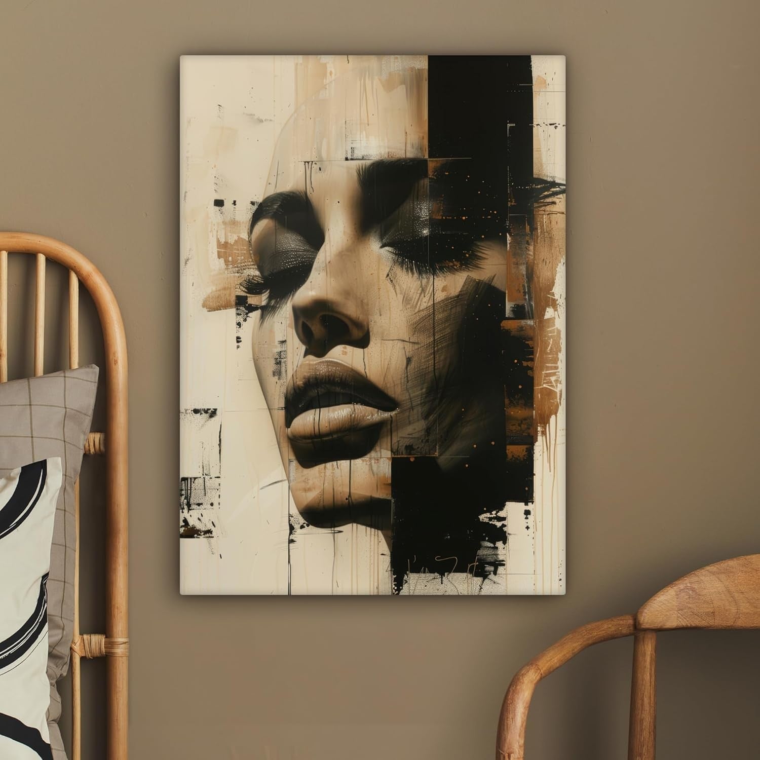 Abstract Woman Canvas Wall Art 50x70cm Beige Modern Framed