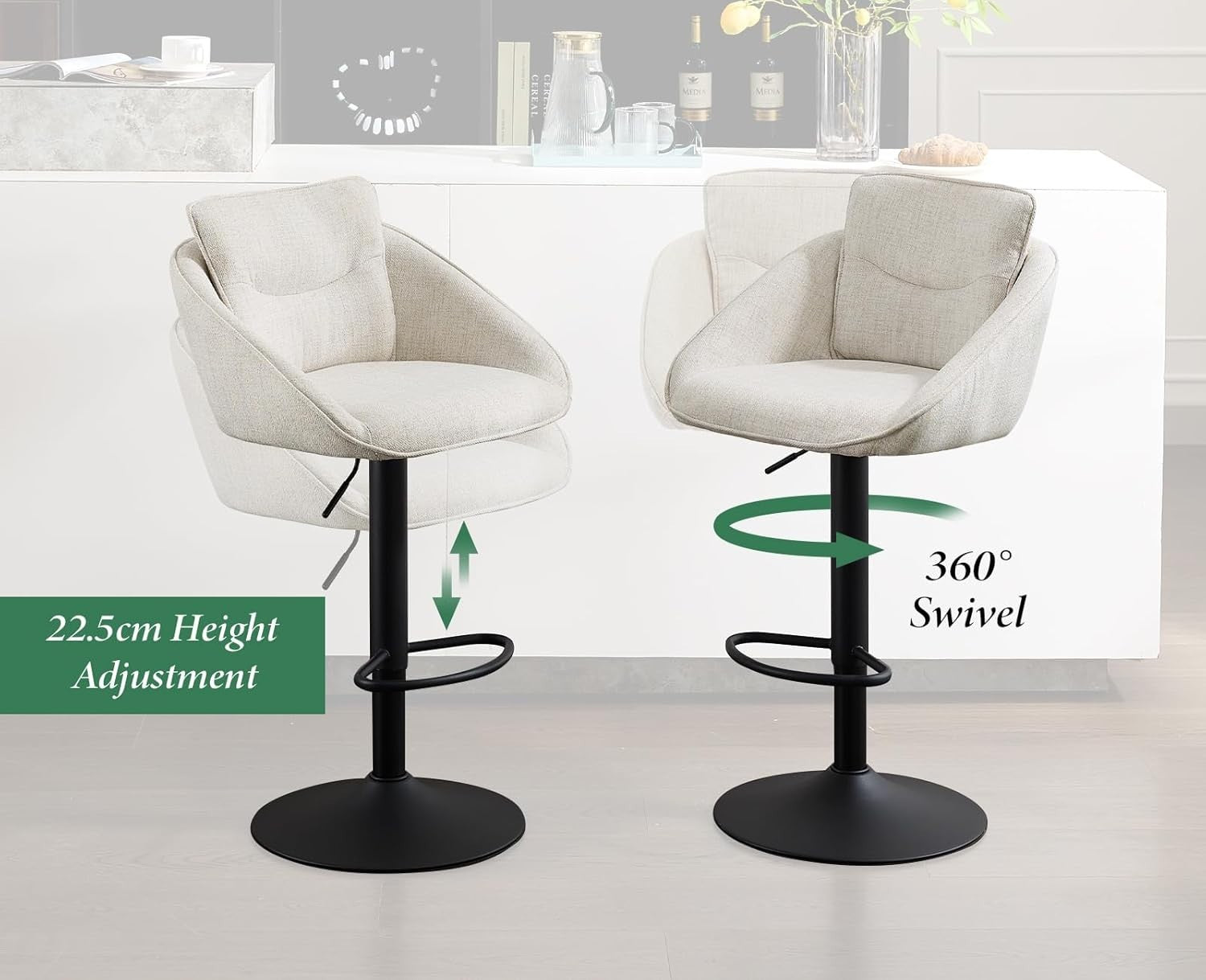 Adjustable Swivel Bar Stools Set of 2 | Linen Seat, Metal Base, Modern