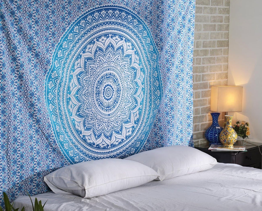 Blue Ombre Cotton Tapestry 127x152cm Boho Wall Hanging Decor