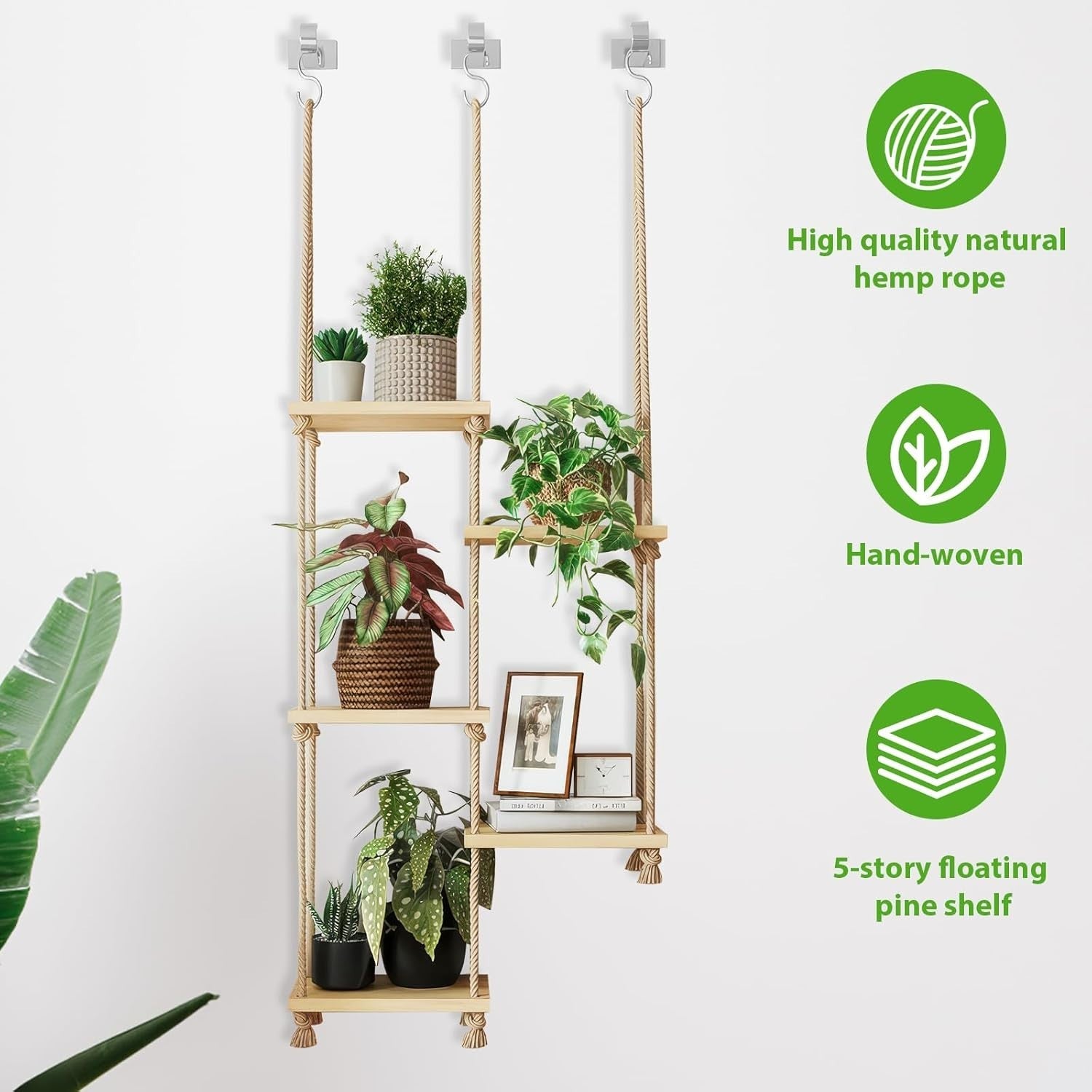 Boho Hemp Rope & Wood Hanging Shelf 5-Tier Wall Display