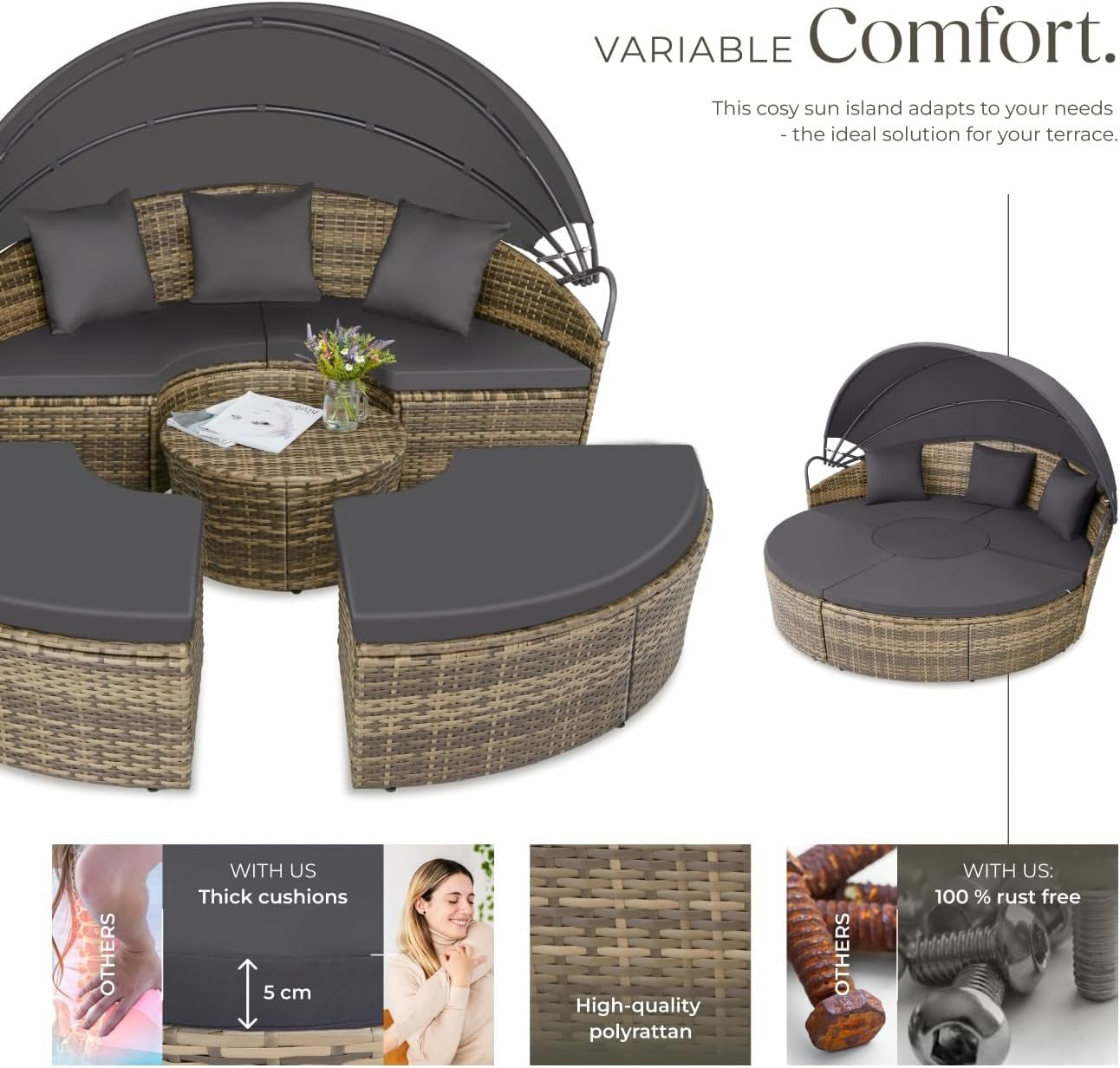 5-Piece Modular Rattan Garden Daybed Set with Canopy Cushions Patio Sofa