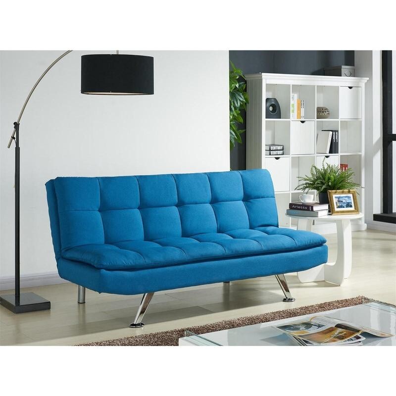 Blue 3 Seater Sofa Bed Click Clack | Cube Design Padded Fabric Chrome Legs