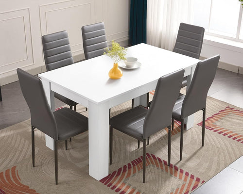6-Piece Dining Set White Table & Grey PU Leather Chairs Modern 140x80cm