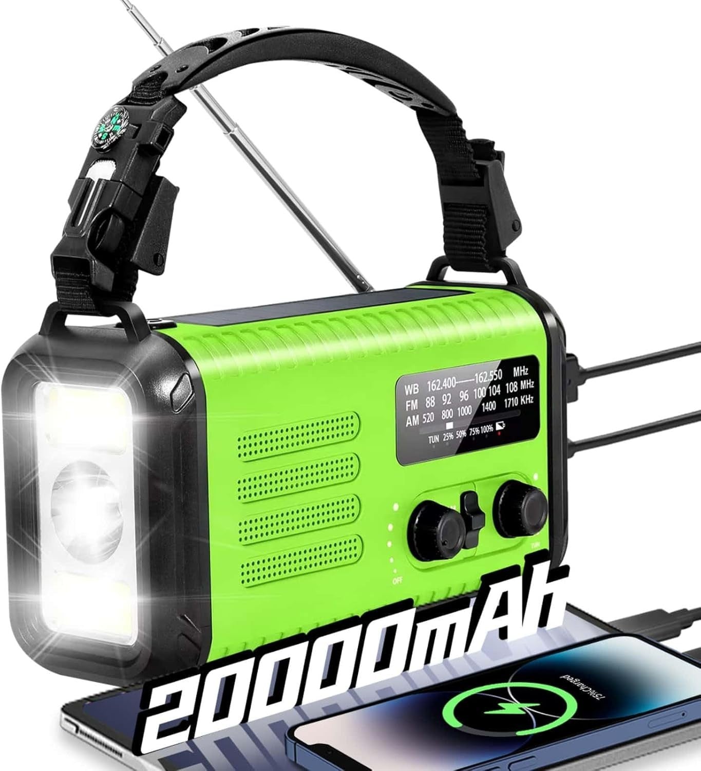 Wind Up Green Solar Emergency Radio with 20000mAh Battery, AM/FM & Flashlight