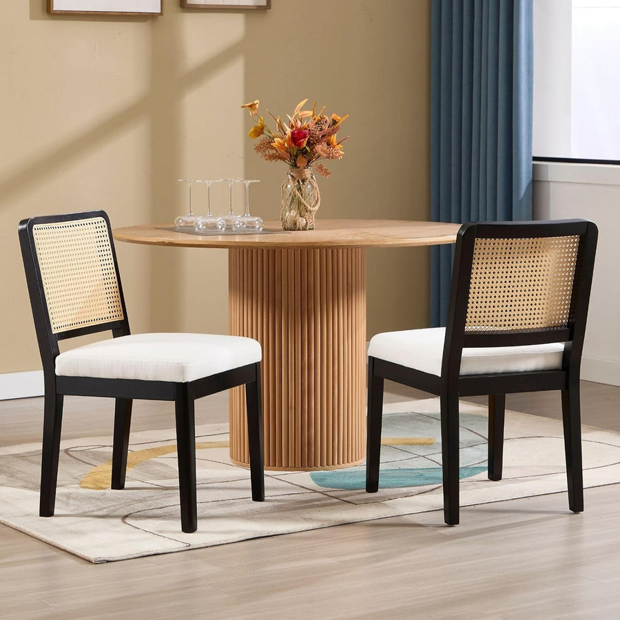 Wooden Dining Chairs Set of 2 Rattan Back Upholstered Mid Century Kitchen Seats