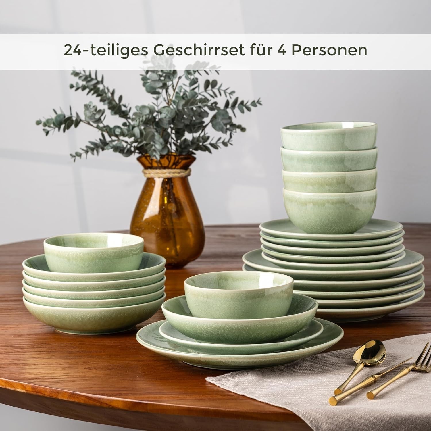24 Piece Stoneware Dinner Set Plates Bowls Scratch Resistant Dishwasher Safe
