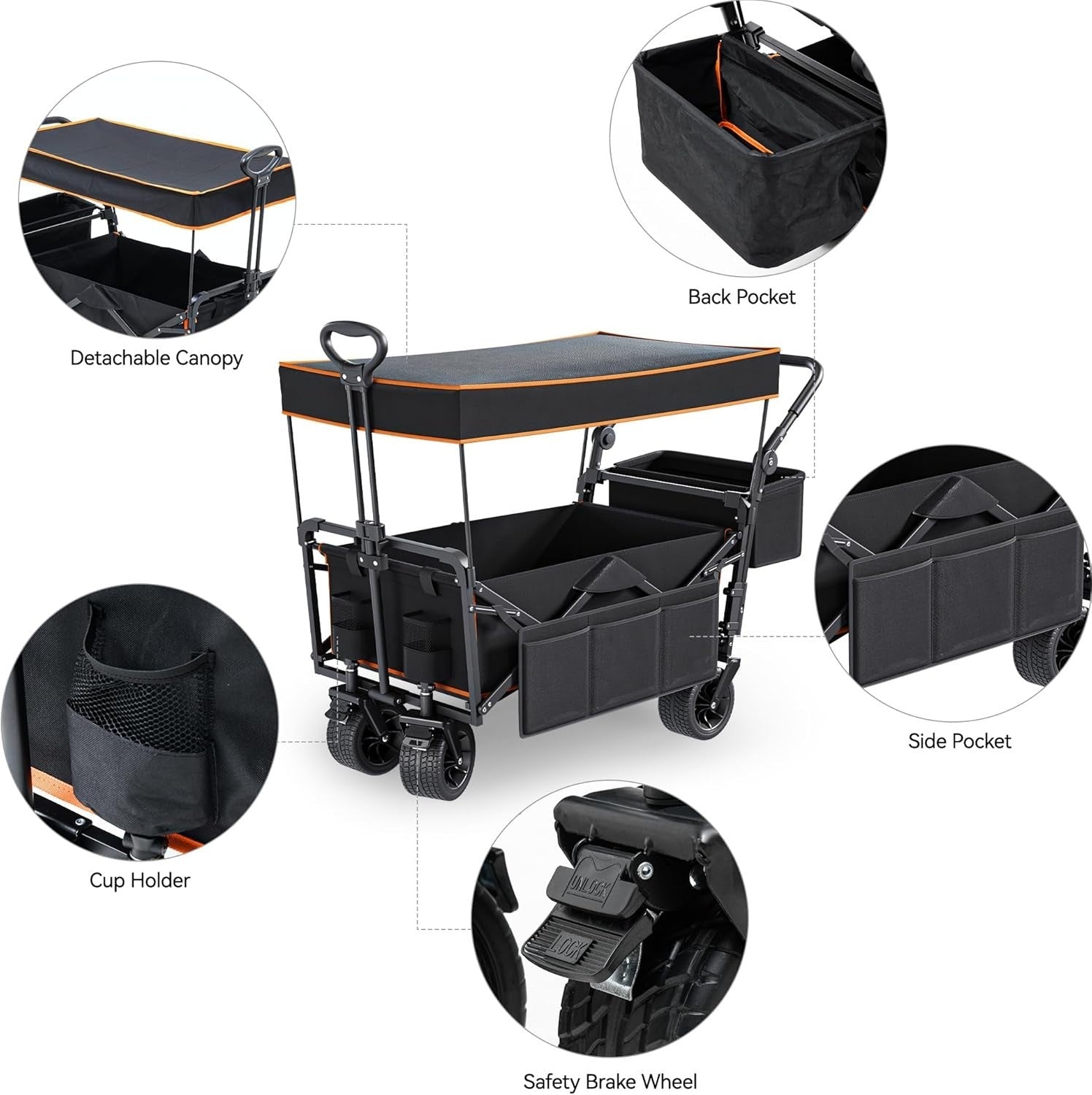 Black Folding Beach Wagon Cart w/ Canopy Oversized Wheels Push Pull 220lbs