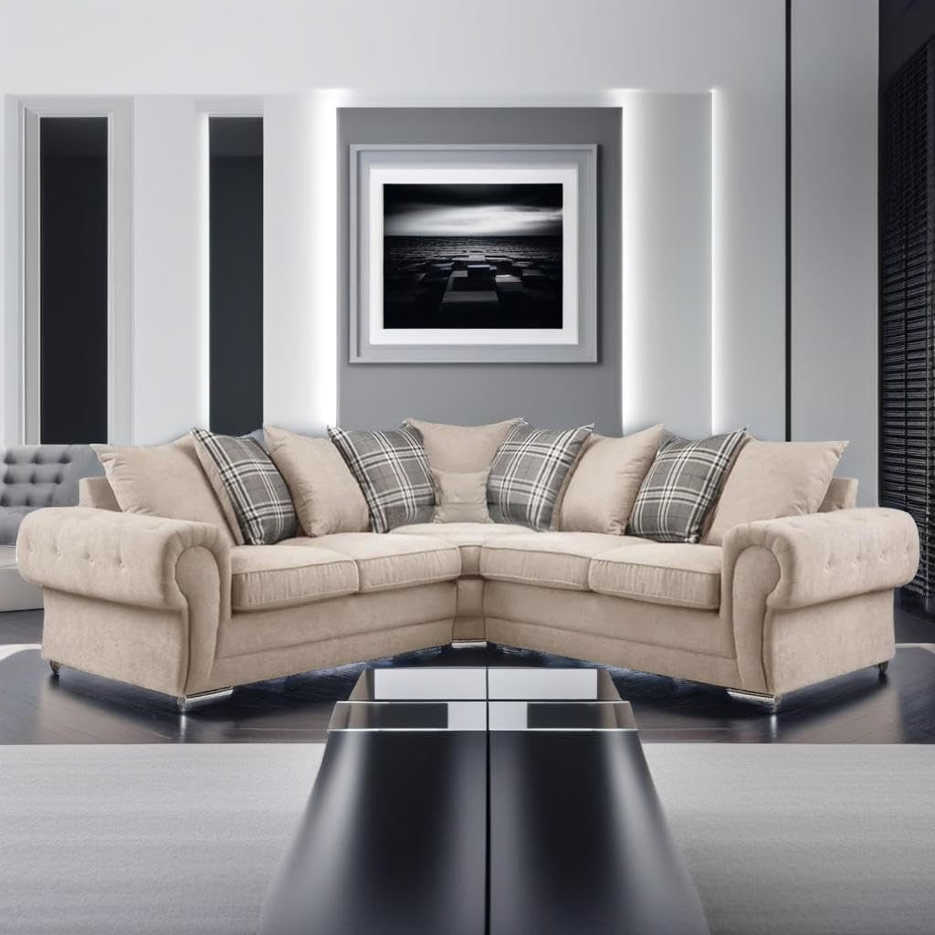 Beige Chesterfield Corner Sofa 2C2 – 5 Seater Chenille Settee with Scatter Cushi