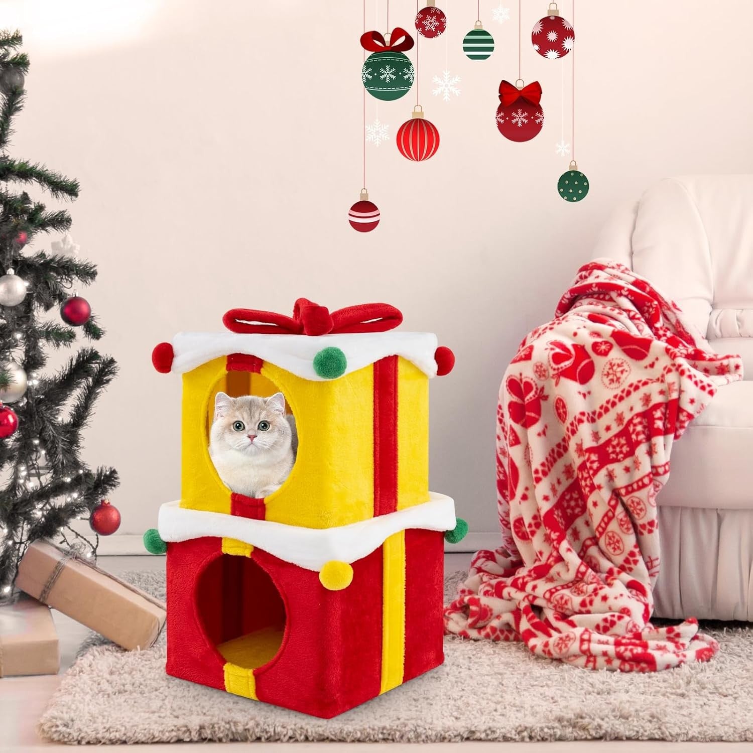 Double Cat House Condo Red Yellow White Stackable Plush Indoor Cat Hideaway
