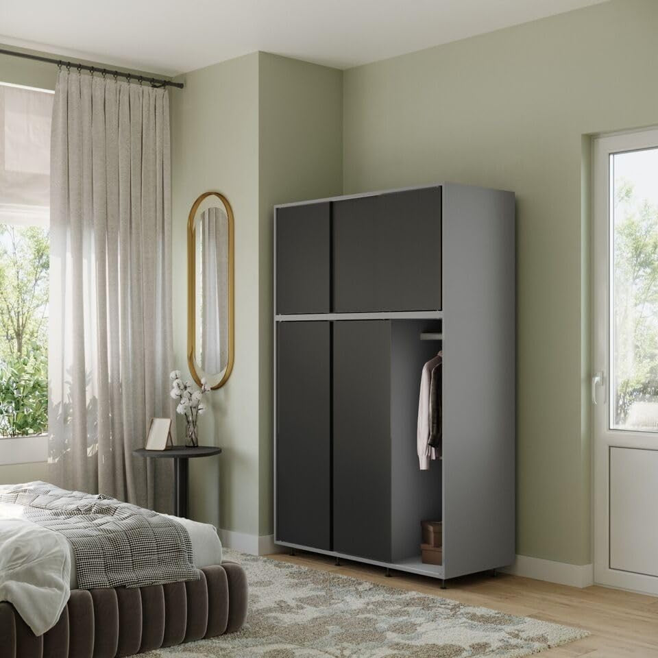 6-Door Black Sliding Wardrobe with Adjustable Feet & Large Bedroom Storage