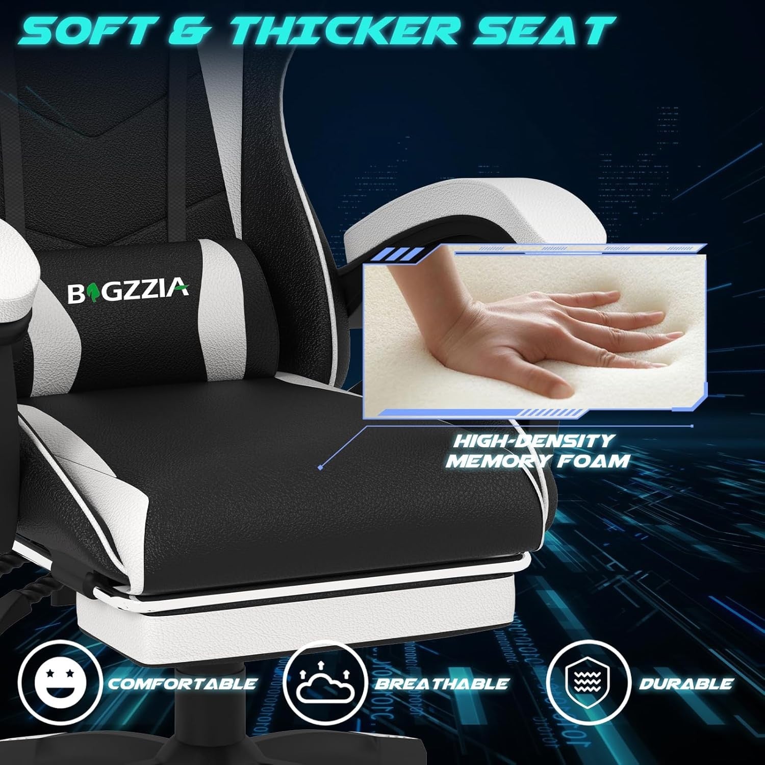 Ergonomic Gaming Chair with Footrest & Lumbar Support – White