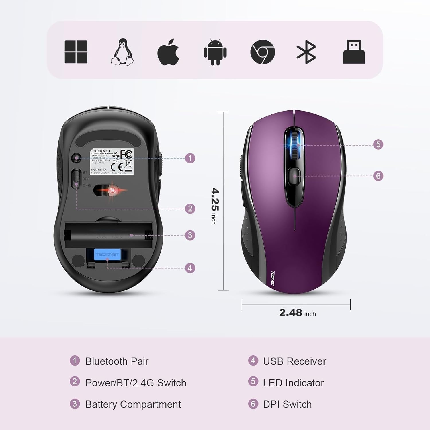 Quiet Bluetooth Wireless Mouse 4000DPI Multi Device Ergonomic Office Style