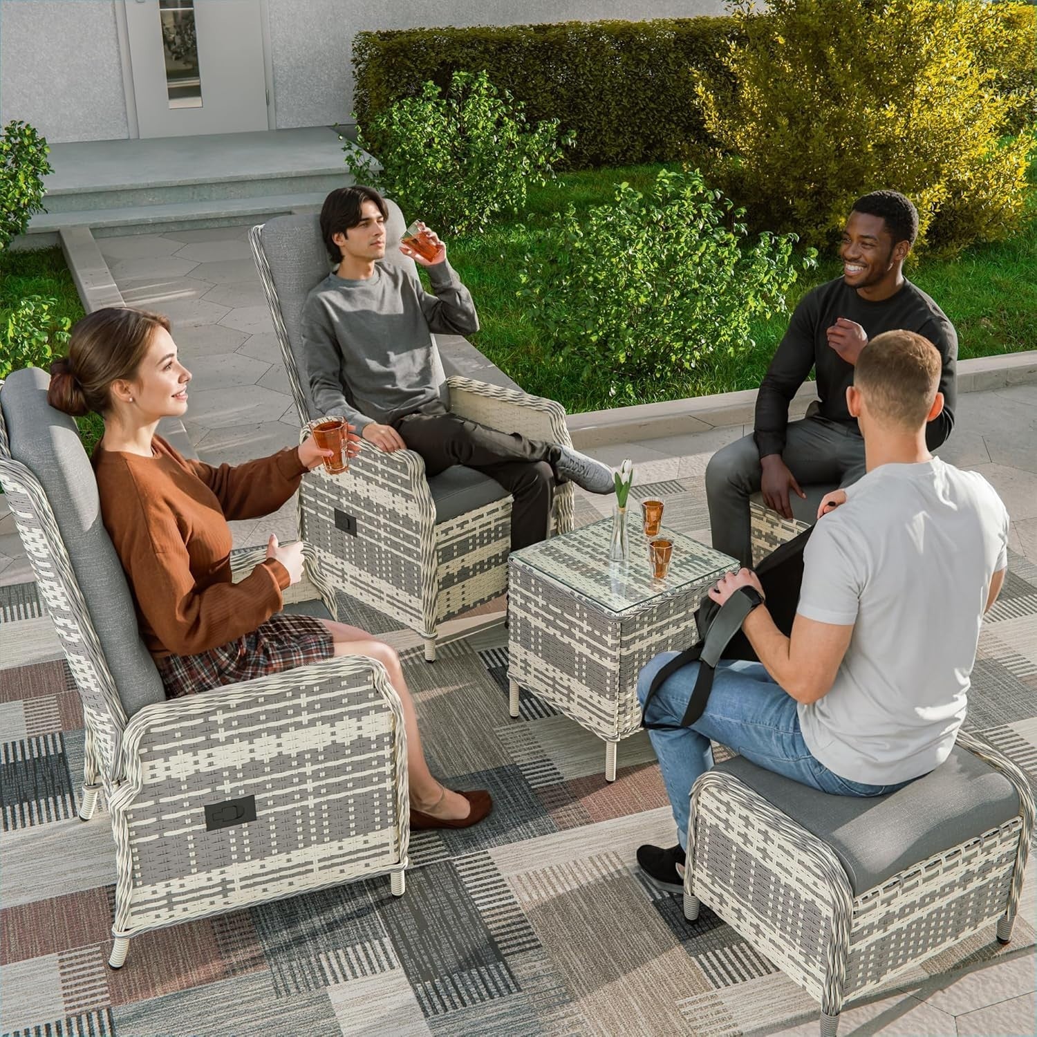 Adjustable Rattan Recliner Bistro Set Chairs Stools Coffee Table Patio Grey