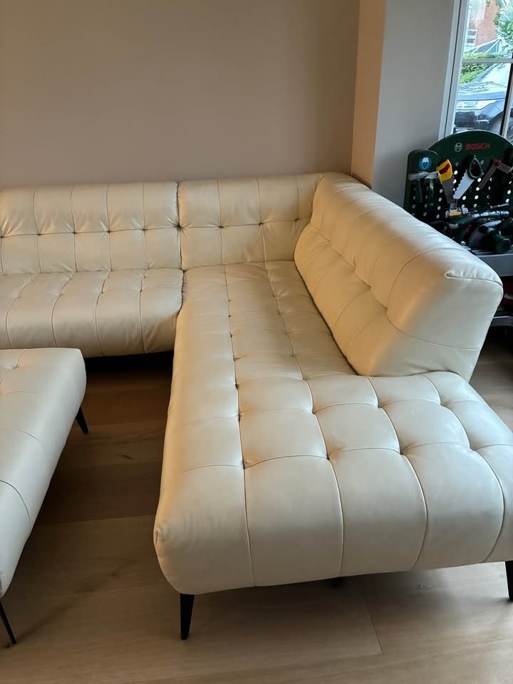 White Ivory Large Leather Corner Sofa + Armchair (PTP)
