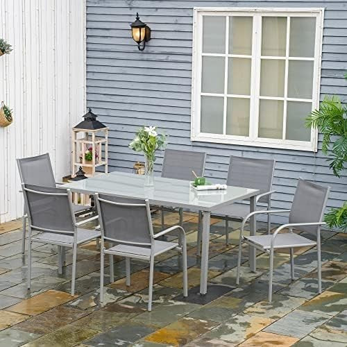 7-Piece Outdoor Garden Dining Set Table & 6 Stackable Chairs Grey