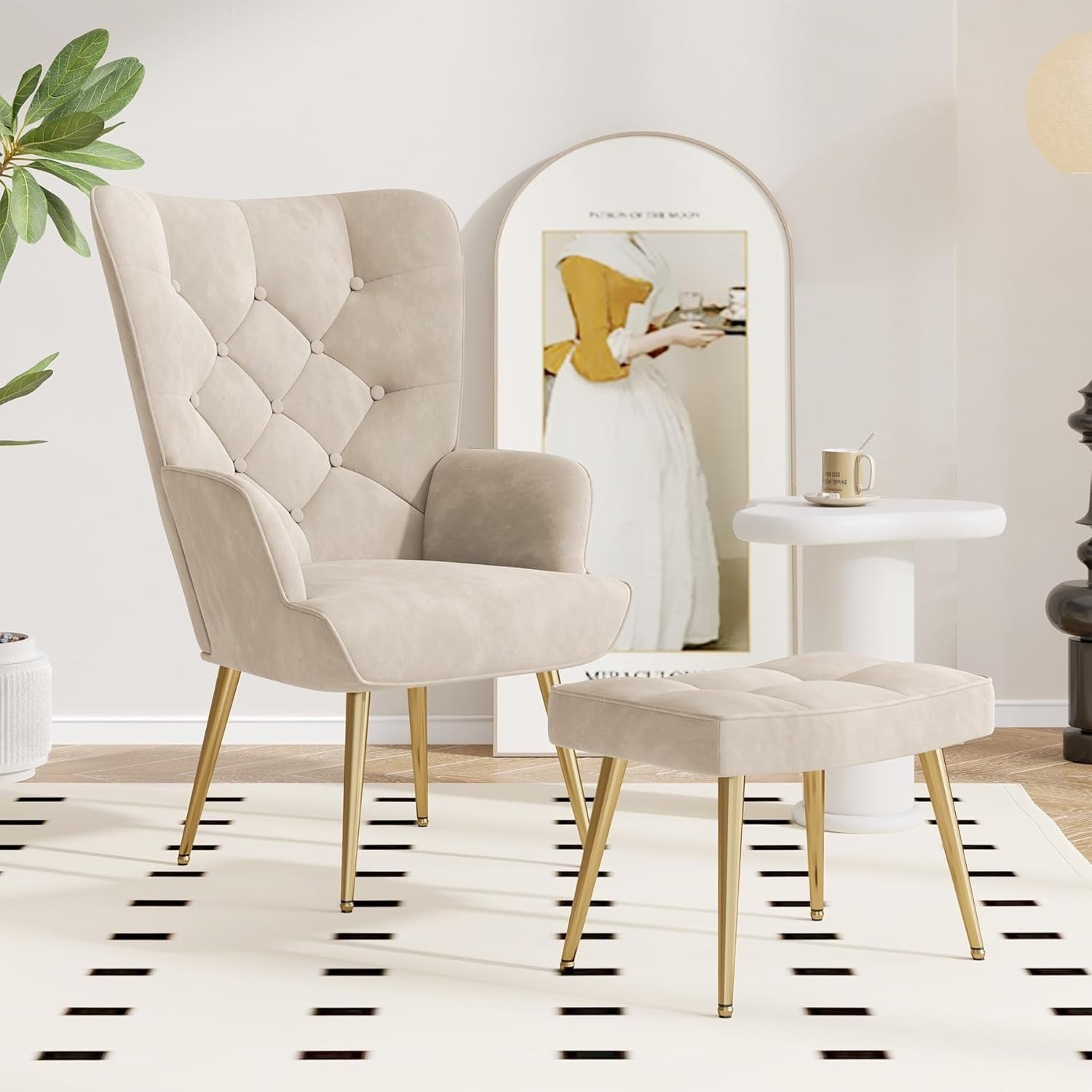 Beige Velvet Wing Back Armchair with Footstool Gold Legs Relaxation Seat