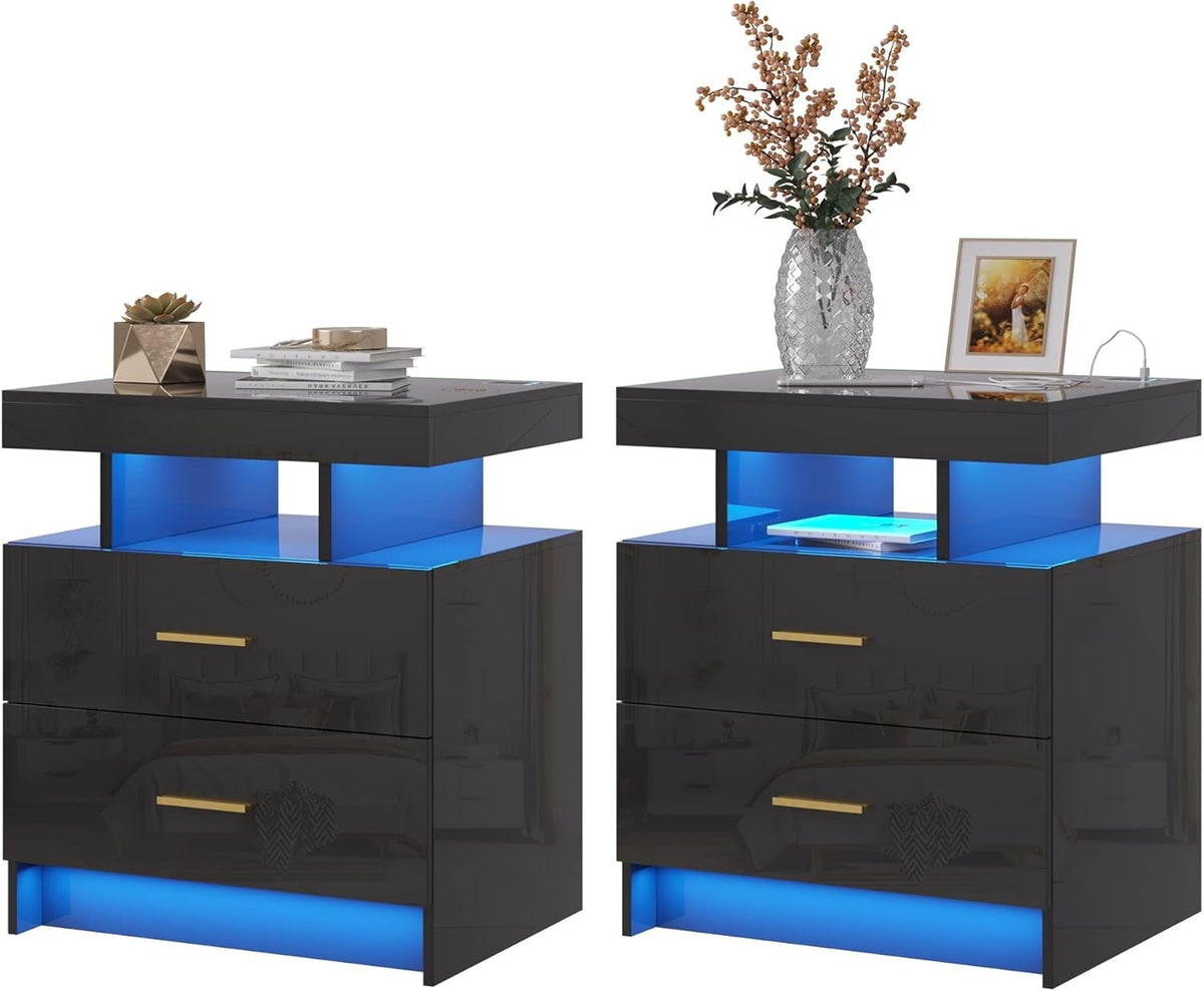 Set of 2 Modern Black LED Bedside Tables with Wireless Charging | 2 Drawer Stand