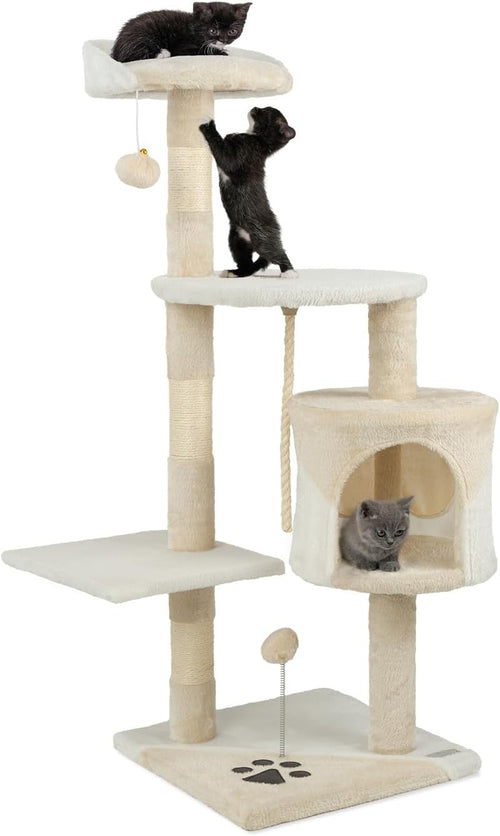 Cat Tree Scratching Post Tower 112cm with Condo Sisal Rope Beige White