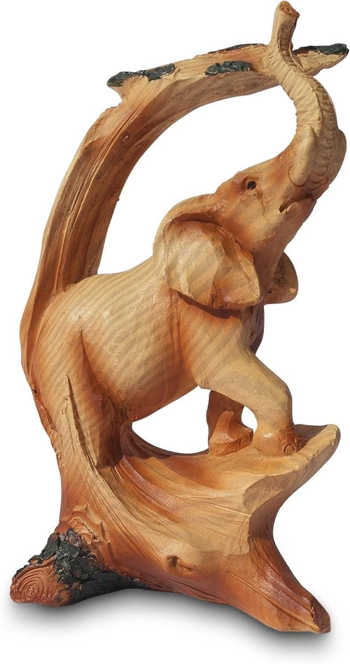 Elephant Ornament 12.7cm Wood-Effect Resin Figurine Under Tree Rustic Home Decor
