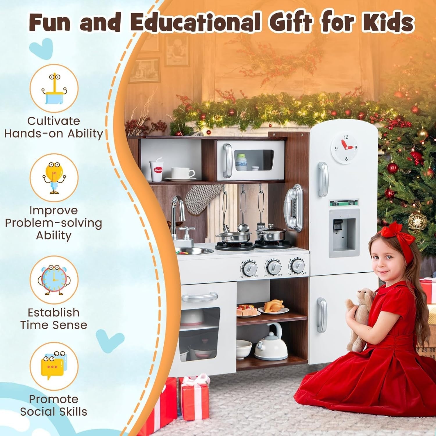 Wooden Kids Play Kitchen Set Light Sound Toy Cooking Role Play Brown
