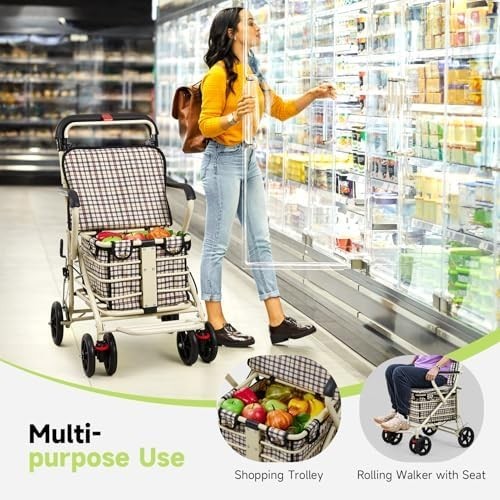 Walk & Rest Shopping Trolley with Seat 27L Foldable 4 Wheel Brakes White