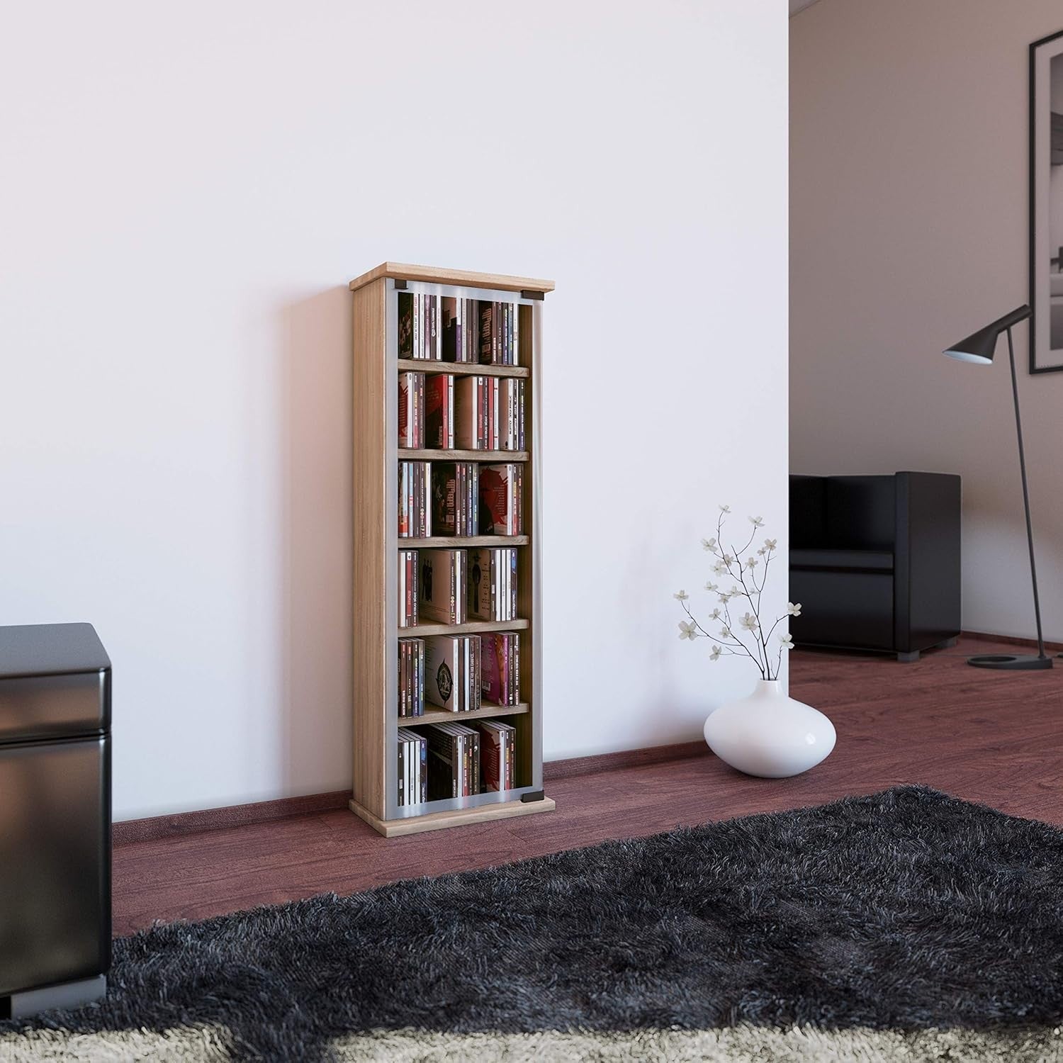 CD DVD Storage Tower Cabinet Glass Door Media Shelf Holds 150 CDs Oak