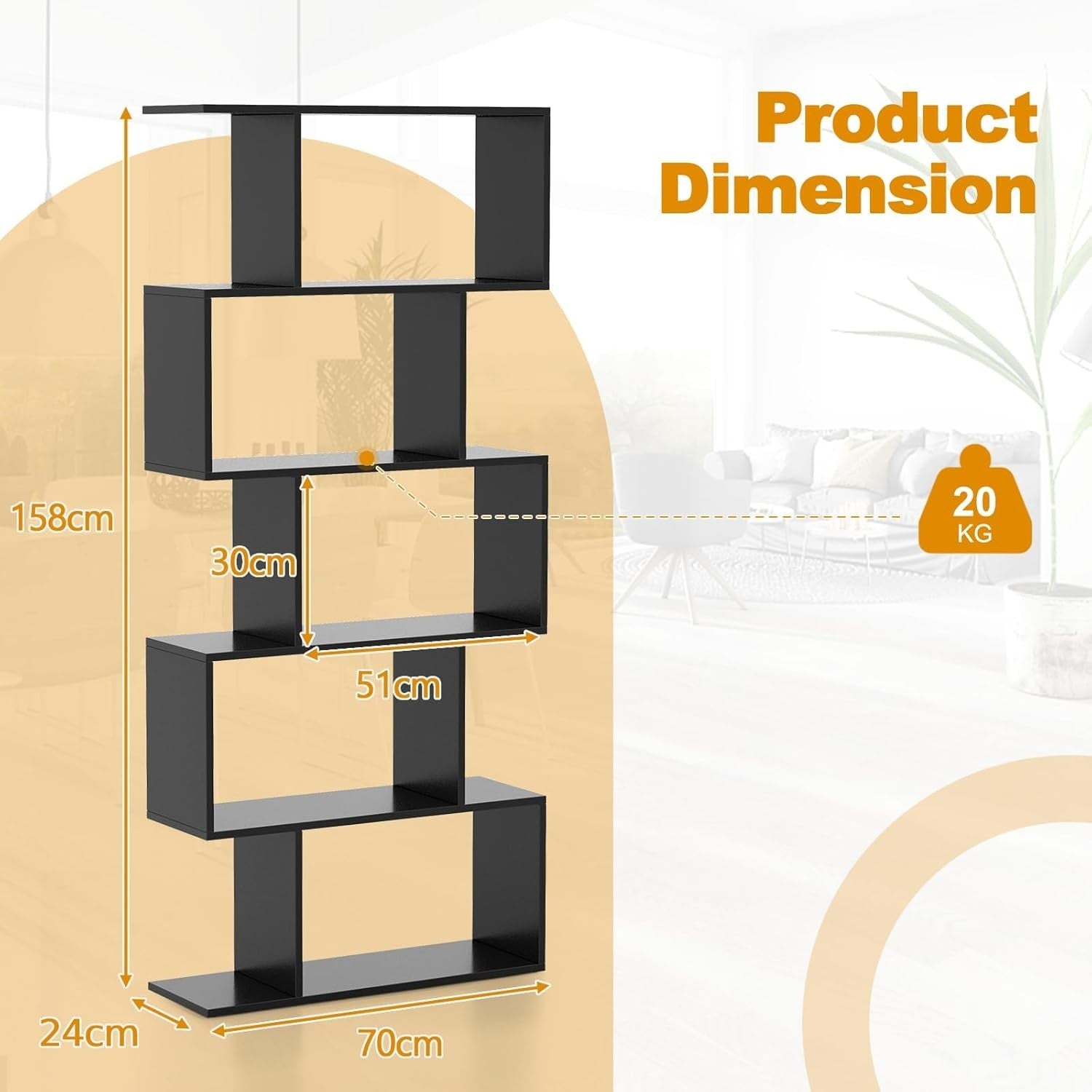 S Shaped 5 Tier Wooden Bookcase Freestanding Display Storage Shelf Black