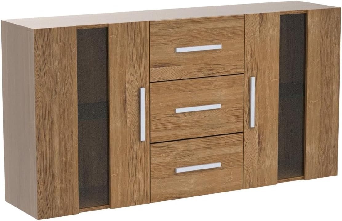 LED Sideboard Cabinet with Drawers, Glass Doors & Storage Lights, Oak