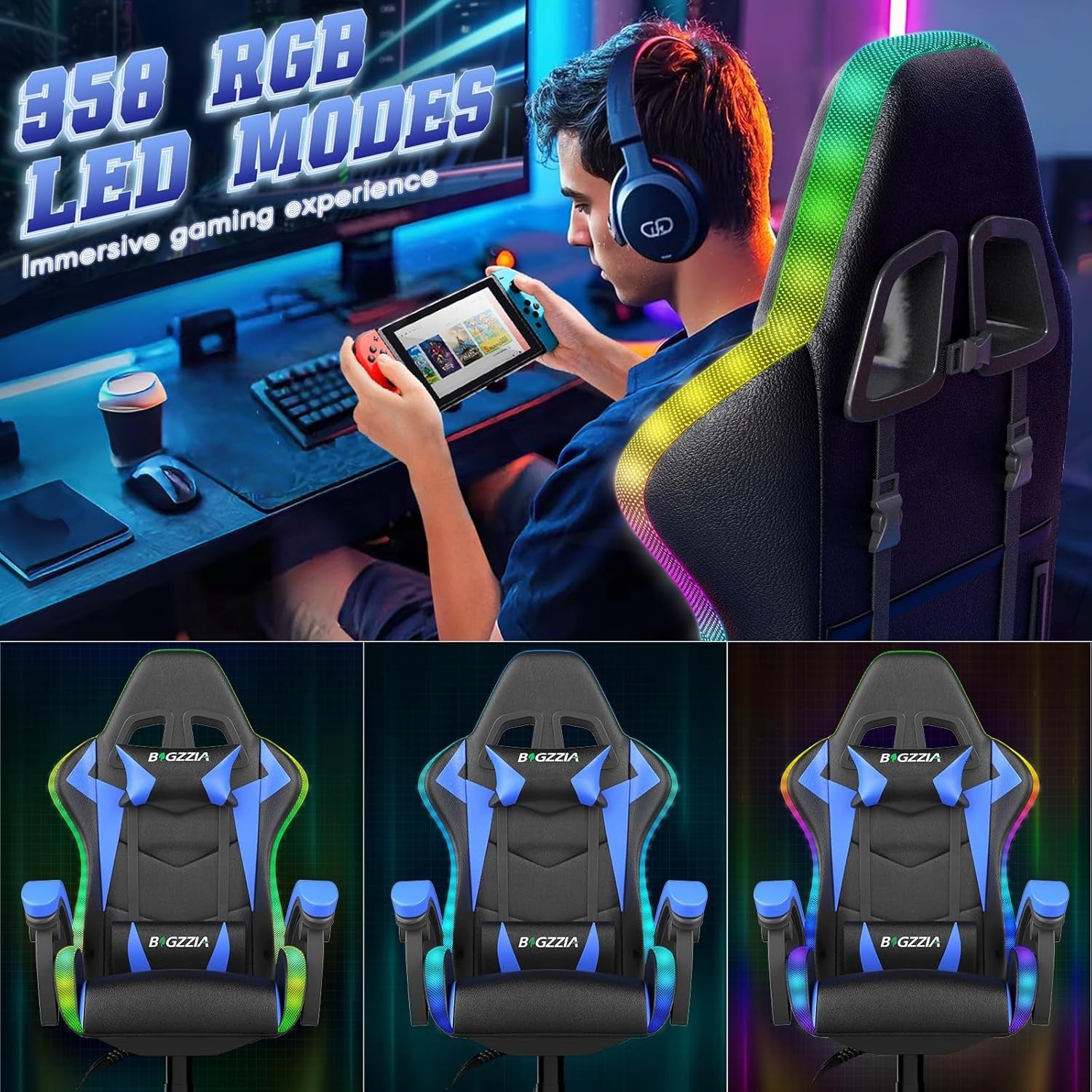 RGB LED Gaming Chair Reclining PU Leather Ergonomic Blue