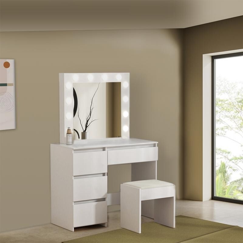 White LED Vanity Dressing Table with Mirror & Stool Makeup Desk MDF