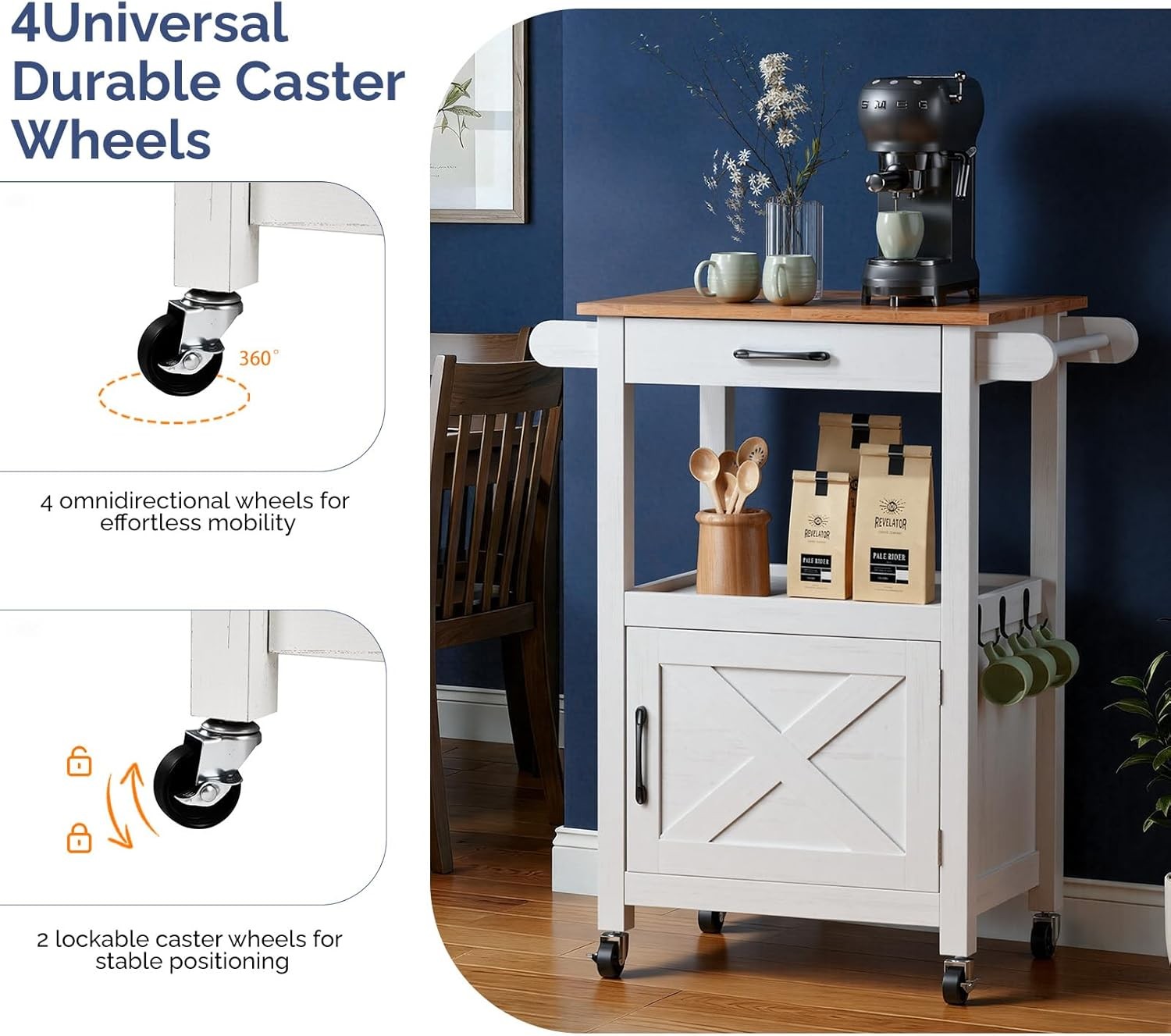 Kitchen Island Trolley on Wheels Storage Cabinet with Drawer Towel Rail