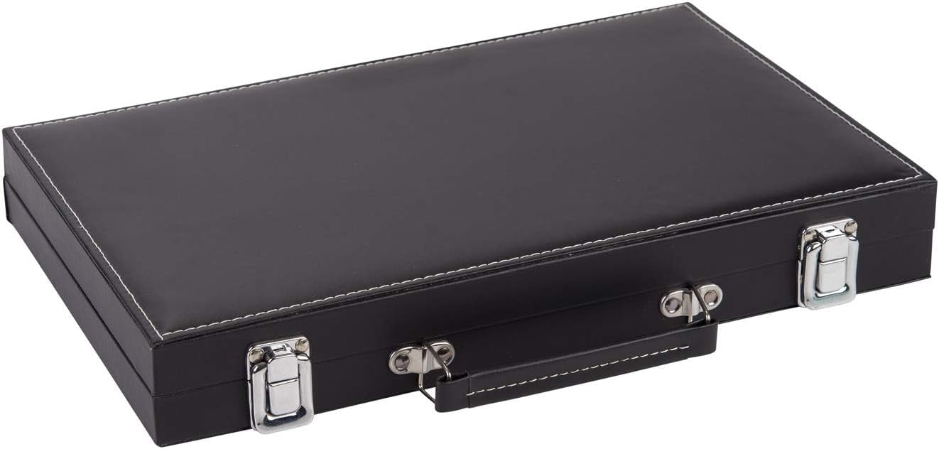 Wooden Backgammon Set 15in Leatherette Case Travel Board Game with Dice Cups