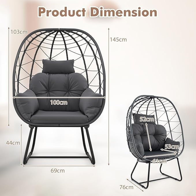 Oversized Rattan Egg Chair with Cushions & Headrest – Indoor Outdoor Lounge