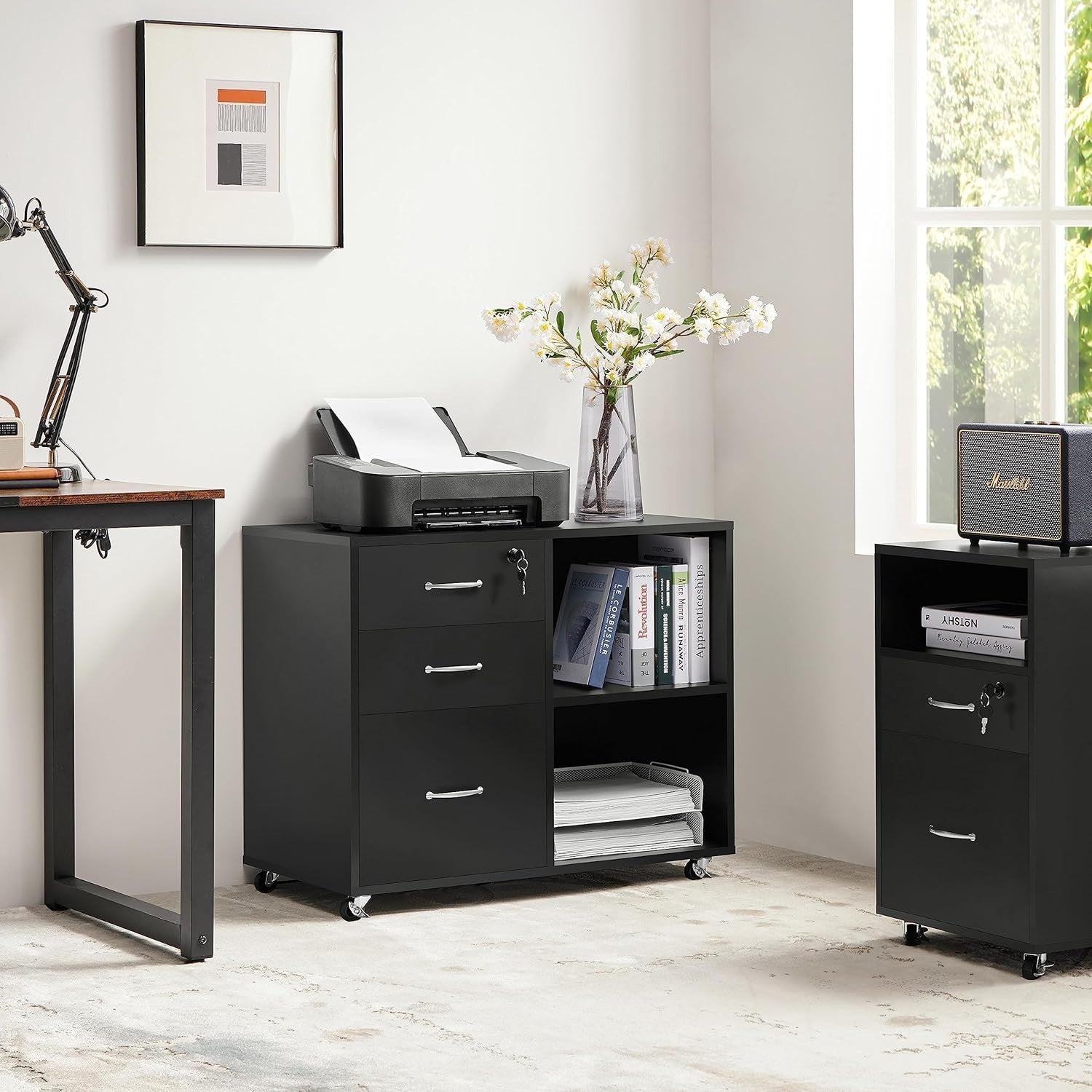 Black Mobile Filing Cabinet with 3 Drawers and Shelves Office Storage Unit