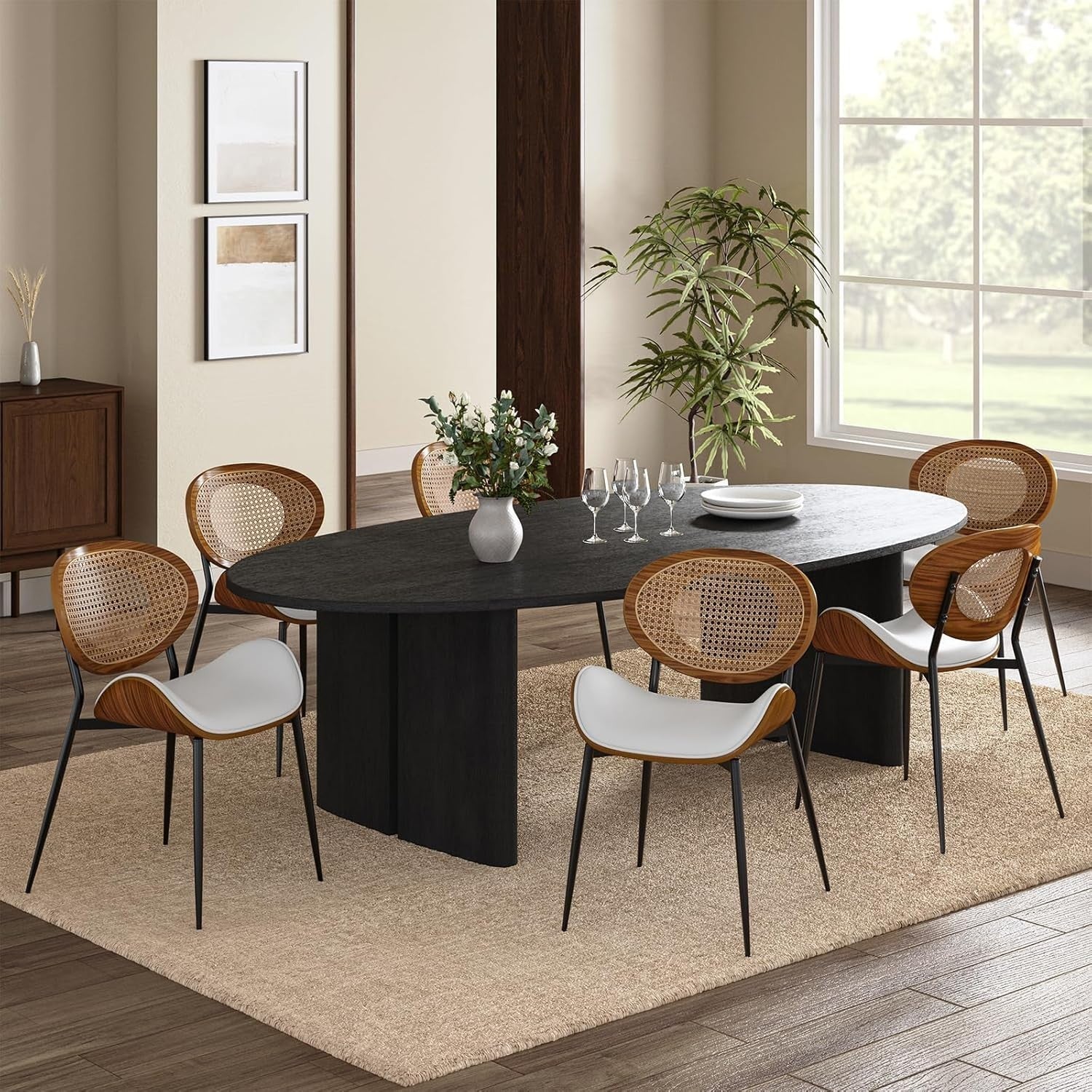 Set of 6 Upholstered Dining Chairs Rattan Back Wooden Frame Kitchen Seats