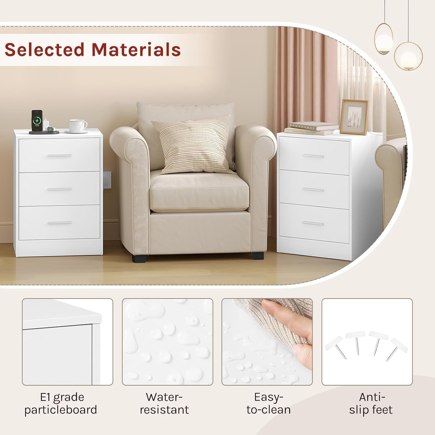 Pair of White 3 Drawer Bedside Tables with Charging Station – Modern Nightstands