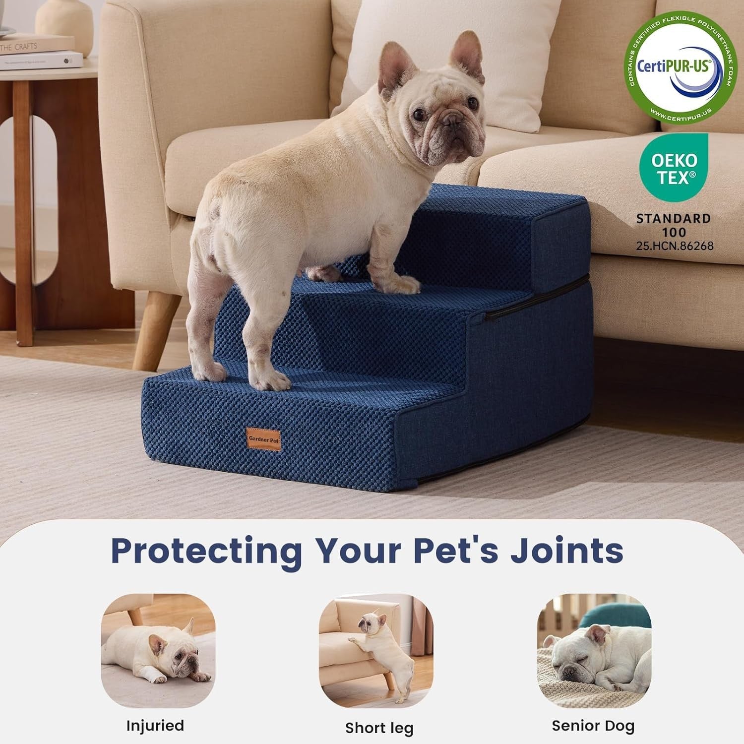 3-Step Extra Wide Dog Stairs for Sofa & Bed Non-Slip Navy 35cm H